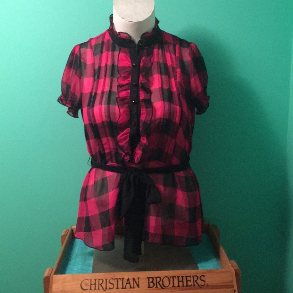 Sheer button down plaid top with ruffled bib